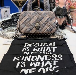 Kurt Geiger Small Kensington Denim And Pink Camera Bag With Chunky Nickel Chain